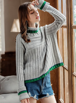 Casual Color-blocked High Neck Knitted Sweater