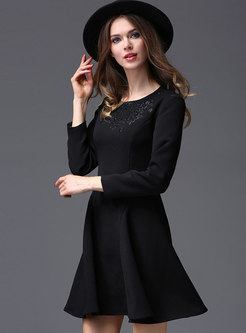 Solid Color Embroidered Hollow Out Slim Skater Dress