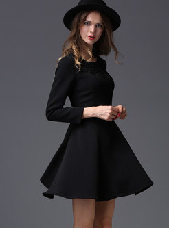 Solid Color Embroidered Hollow Out Slim Skater Dress