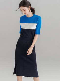 Half Sleeve Color-blocked Knitted Top & Pure Color Slit Skirt