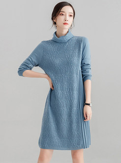 Elegant Turtle Neck Splicing Knitted Pleated Dress