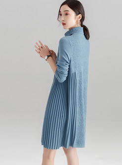 Elegant Turtle Neck Splicing Knitted Pleated Dress