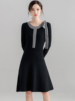 Elegant Color-blocked Bowknot Slim Knitted Dress