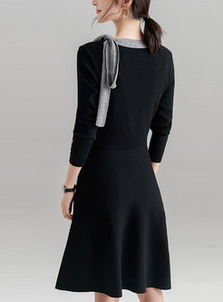 Elegant Color-blocked Bowknot Slim Knitted Dress