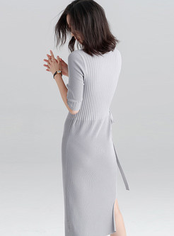 Half Sleeve Belted Asymmetric Hem Knitted Dress