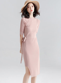 Half Sleeve Belted Asymmetric Hem Knitted Dress
