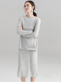 Solid Color O-neck Knitted Top & Elastic Waist Slit Skirt
