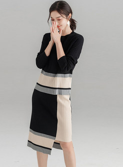 Color-blocked O-neck Knitted Top & Asymmetric Skirt