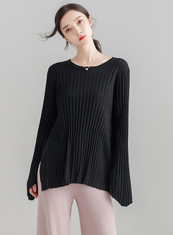 Solid Color Flare Sleeve Tied Slit Knitted Sweater