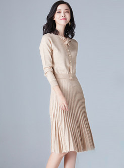 Elegant Single-breasted Bowknot Knitted Top & Pleated Skirt