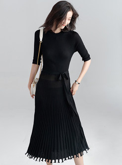Trendy Pure Color Belted Tassel Patch Maxi Dress