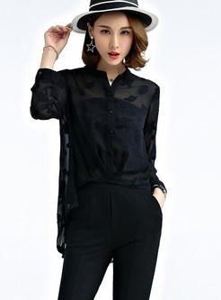 Chiffon Single-breasted Stand Collar Asymmetric Blouse