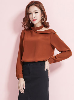 Solid Color High Neck Hollow Out Slim Blouse