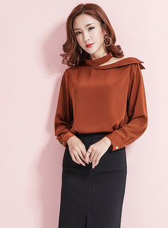 Solid Color High Neck Hollow Out Slim Blouse