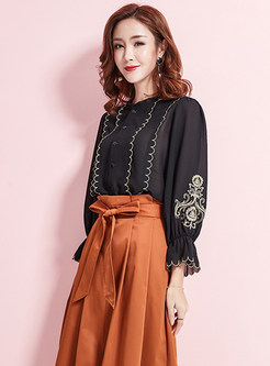 Fashionable Embroidered Ruffled Collar Flare Sleeve Slim Blouse