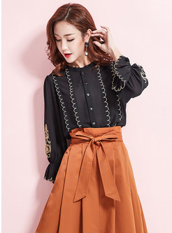 Fashionable Embroidered Ruffled Collar Flare Sleeve Slim Blouse