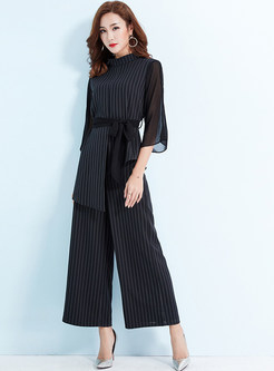 Striped High Neck Belted Asymmetric Top & Striped Wide Leg Pants