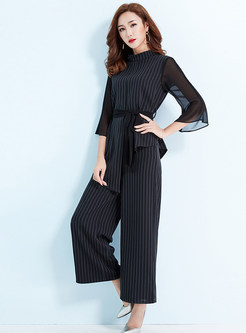 Striped High Neck Belted Asymmetric Top & Striped Wide Leg Pants