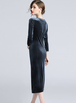 Elegant Three Quarters Sleeve Shirred Bodycon Dress