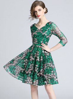 Trendy Lace Patchwork Embroidered A Line Dress