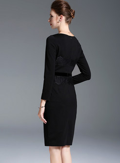Black O-neck Long Sleeve Waist Skinny Dress