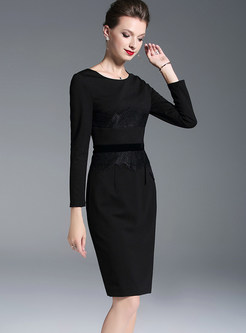 Black O-neck Long Sleeve Waist Skinny Dress