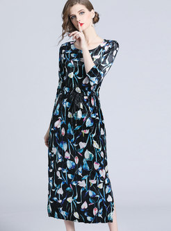 Fashionable Crew-neck All Over Print Maxi Dress 