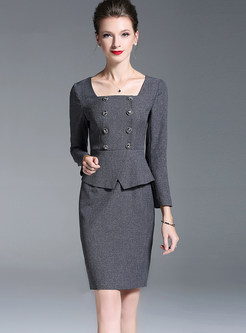 Work Square Neck Long Sleeve Fake Two Piece Outfits