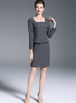 Work Square Neck Long Sleeve Fake Two Piece Outfits