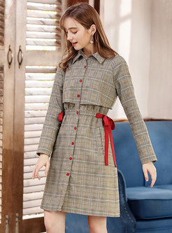 Grid Lapel Gathered Waist Single-breasted Trench Coat