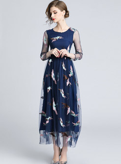 Fashion Crew-neck Embroidered Double-layered Bottoming Dress