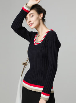Stylish Color-blocked V-neck Long Sleeve Sweater