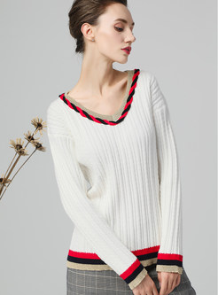 Trendy Long Sleeve Color-blocked Selvedge Sweater