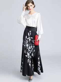 Stylish Lantern Sleeve Blouse & All Over Print Maxi Skirt