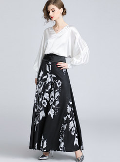 Stylish Lantern Sleeve Blouse & All Over Print Maxi Skirt
