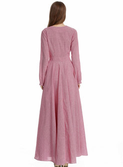 Autumn Pink V-neck Shirred Lantern Sleeve Maxi Dress