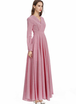 Autumn Pink V-neck Shirred Lantern Sleeve Maxi Dress