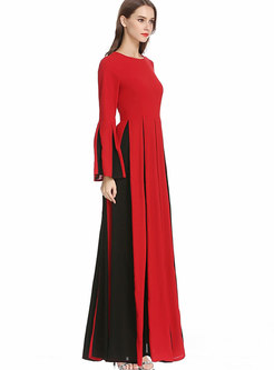 Chic Flare Sleeve Contrast-color Patchwork Maxi Dress
