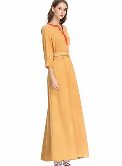 Stylish Brief Color-block Stitching Big Hem Maxi Dress