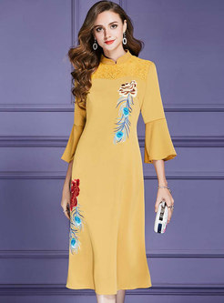 Lace Splicing Flare Sleeve Embroidered Maxi Dress