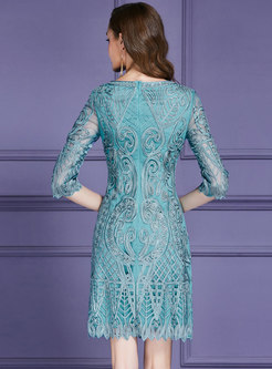 Elegant Solid Color Embroidered High Waist Skater Dress