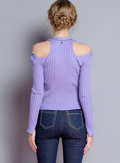Chic Off Shoulder Drilling Button Slim Knitted Sweater