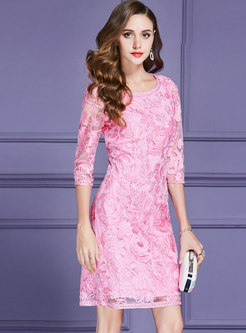 Elegant Solid Color Embroidered O-neck Sheath Dress