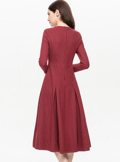 O-neck Long Sleeve Plaid Slim Mid-claf Dress