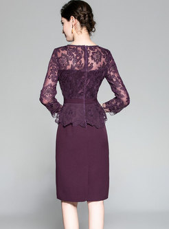 OL Purple Lace Patchwork Embroidery Gathered Waist Dress