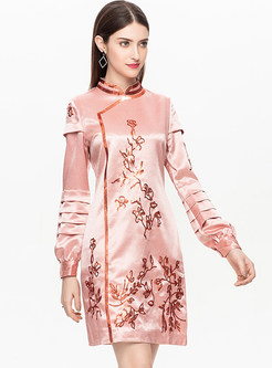 Mandarin Collar Long Sleeve Sequined Slim Dress