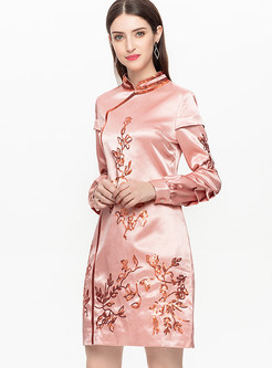 Mandarin Collar Long Sleeve Sequined Slim Dress