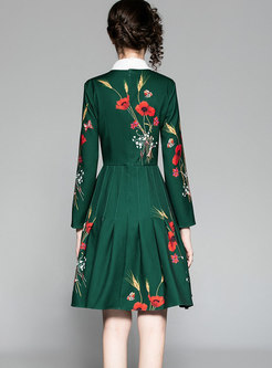 Elegant Contrast-collar Embroidered High Waist Dress