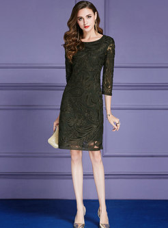Elegant Solid Color O-neck Embroidered Sheath Dress