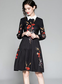 Elegant Black Contrast-collar Embroidered High Waist Dress